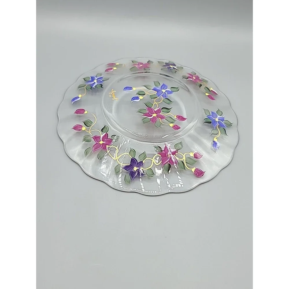 Art Glass Serving Dish Plate Signed Reverse Hand Painted Flowers Floral 9" - Picture 9 of 11